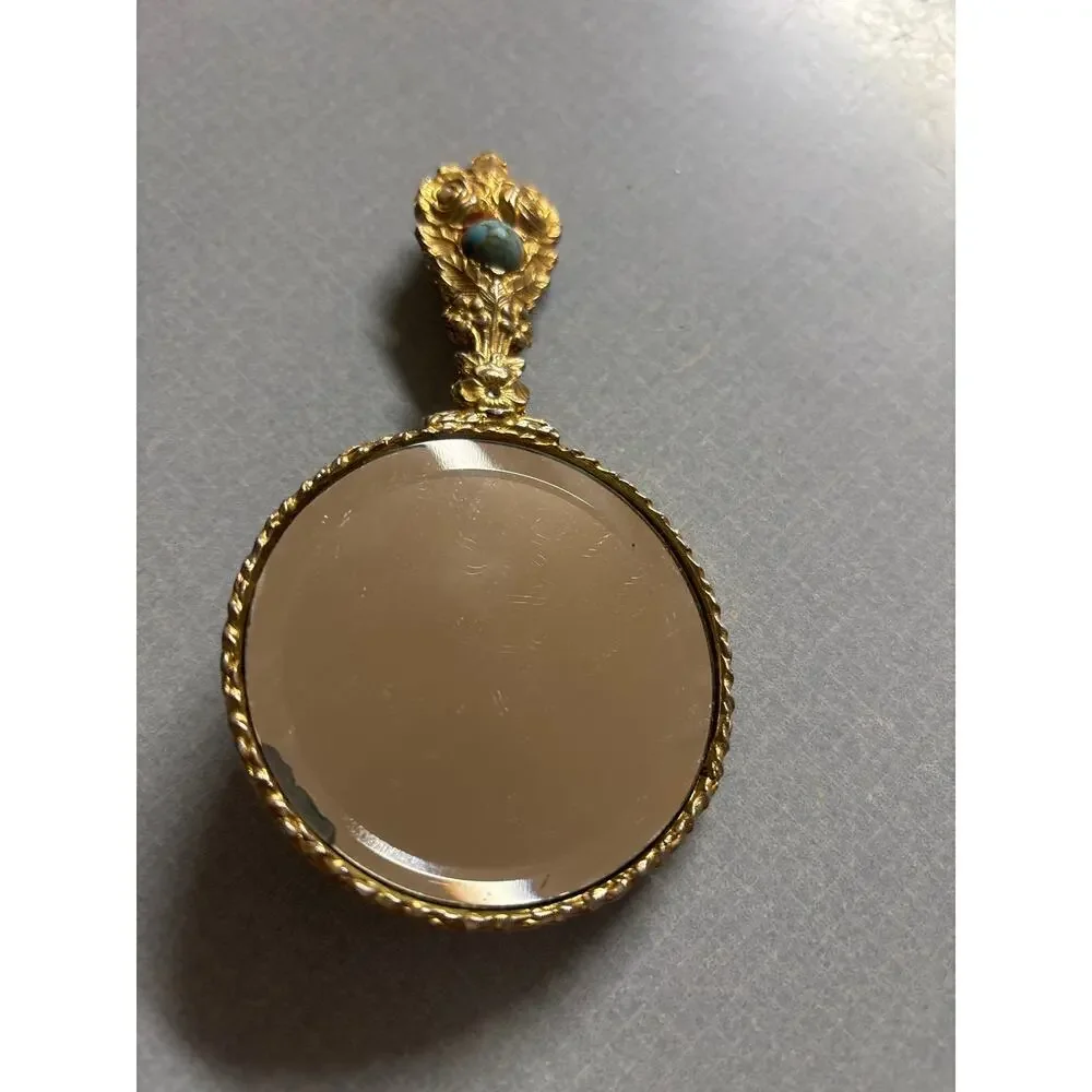 Vintage Mirella Louis XIV Style Hand Mirror Filigree Metalwork Gold Torqouise